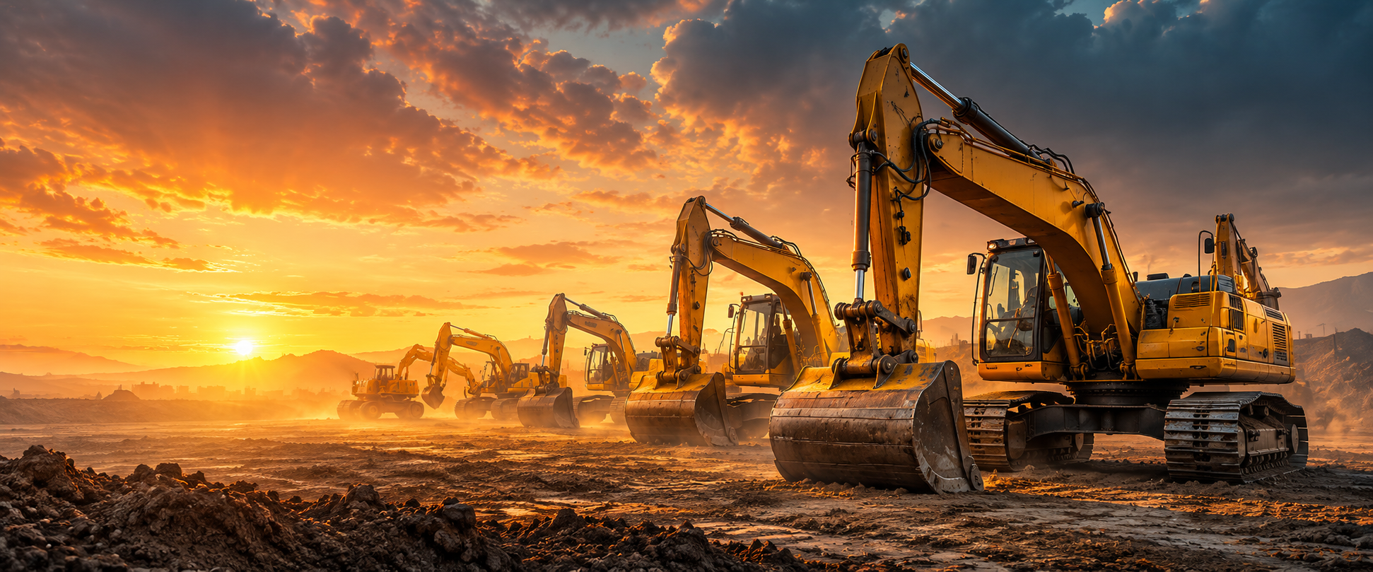 Golden sunrise, powerful excavator lineup